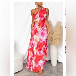 Elegant One-Shoulder Red Floral Dress